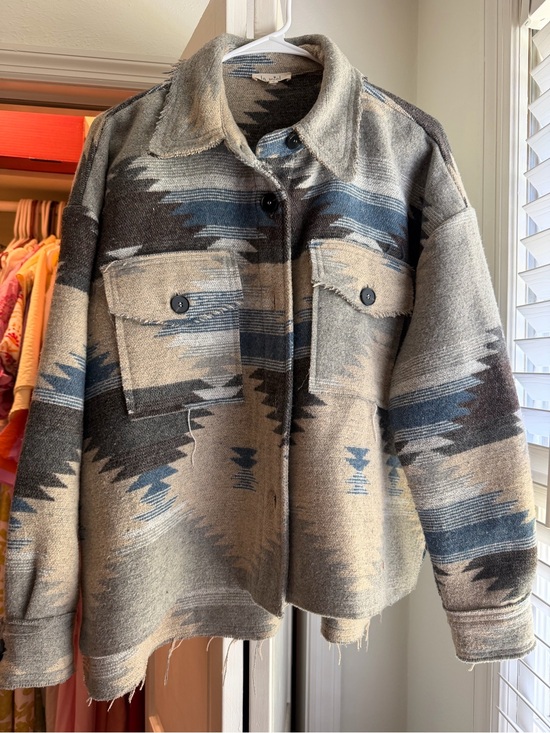 LA MIEL Jackets & Blazers - LA MIEL Tribal-Pattern Utility Shacket in Beige, Blue and Charcoal